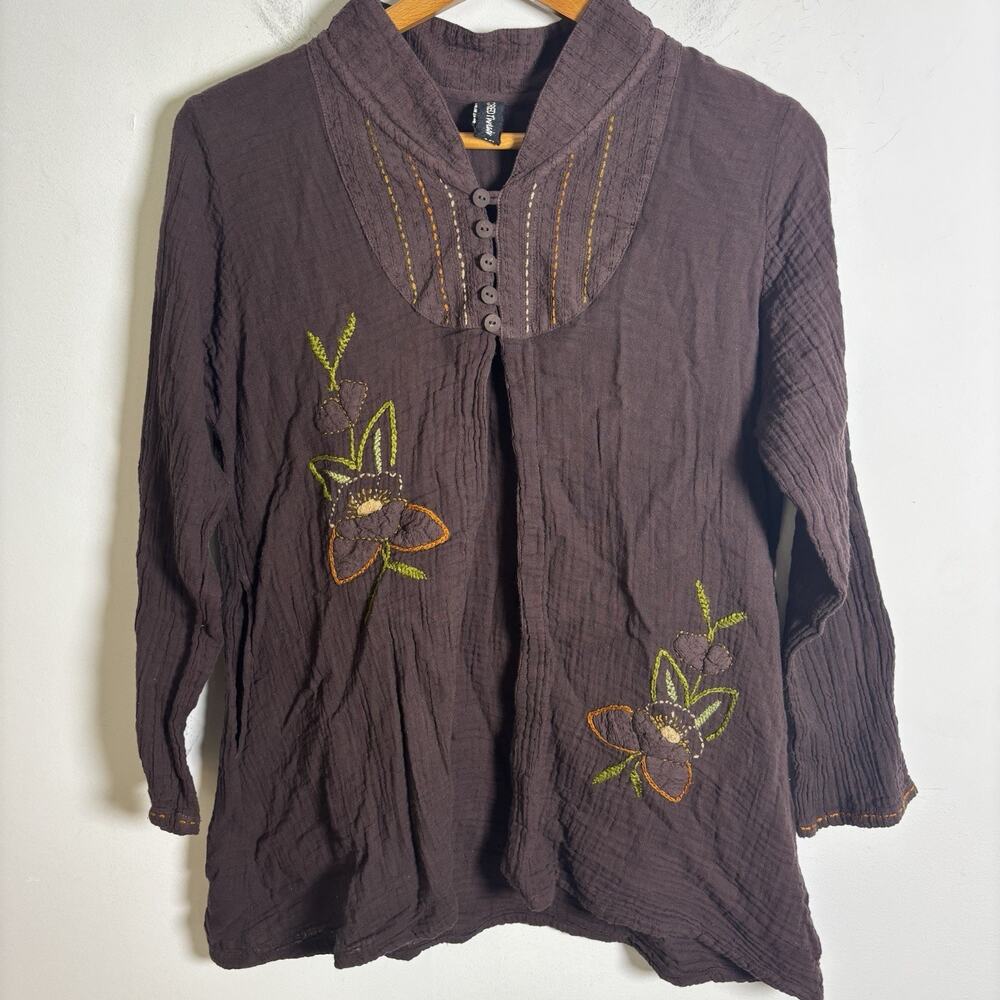 Sacred Threads Chocolate Brown Cotton Gauze Embroidered Tunic Size 0/S 70s